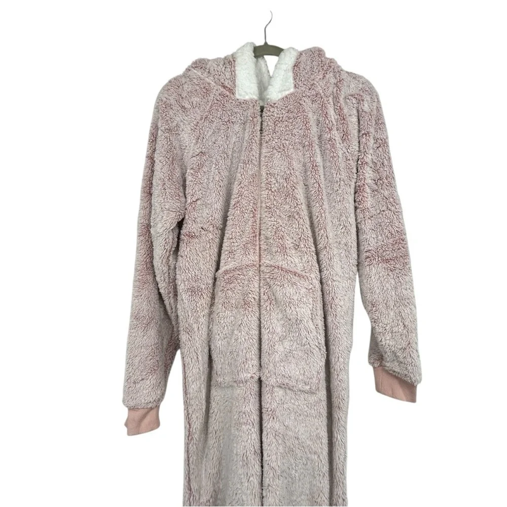 The Big Softy Women’s Hooded Zip-Up Fleece Lounger Blanket Jumpsuit Size L Pink